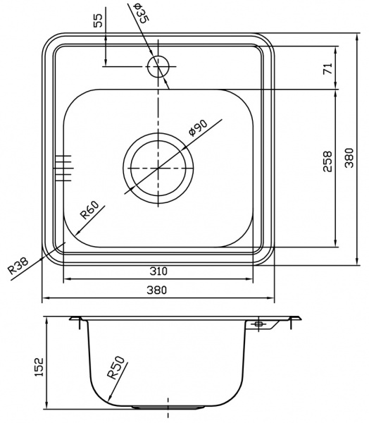 Мойка кухонная из нержавеющей стали IDDIS STRIT STR38P0i77 38*38 см.  Мойка кухонная из нержавеющей стали IDDIS STRIT STR38P0i77 38*38 см.