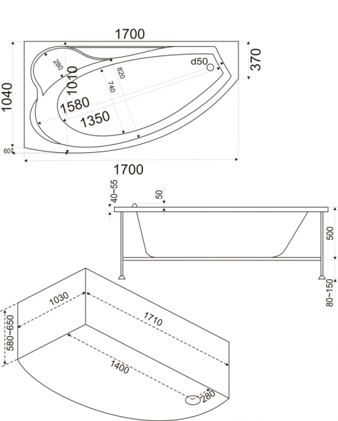 Ванна акриловая BAS НИКОЛЬ В 00027 170x102 см. левая 