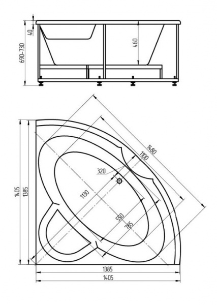 Ванна акриловая Aquatek ПОЛАРИС  138,5x138,5 см. 